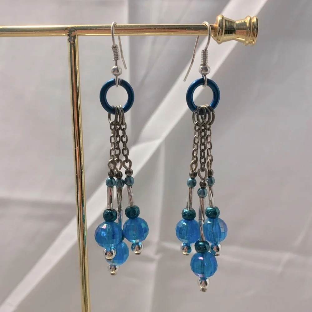 Blue & Silver Beaded Dangle Earrings
